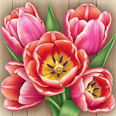 there are three red and yellow flowers on a wooden surface