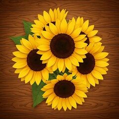 there are three sunflowers on a wooden table with green leaves