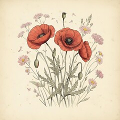 there are two red poppies and some daisies in a field