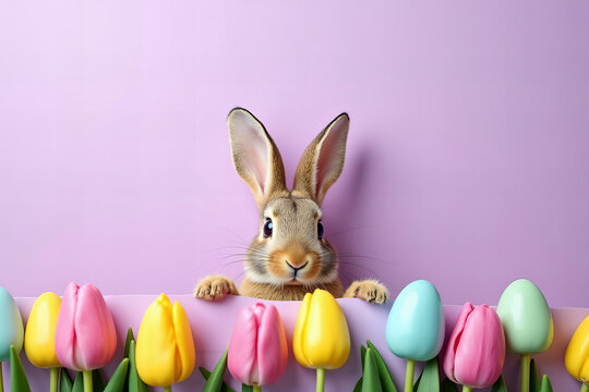 Bunny Ears Poking Out of Easter Eggs and Tulips: A Pastel Purple Aerial View