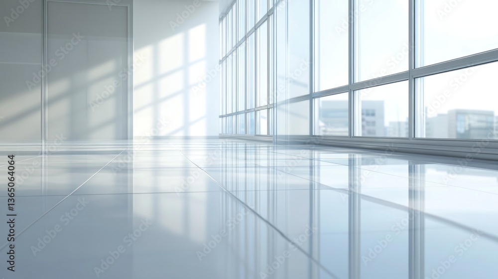 Poster bright empty modern office space with large windows and reflected light