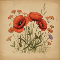 there are two red poppies in the middle of a field of flowers