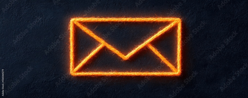 Poster bright neon envelope outline on dark background for communication and digital correspondence