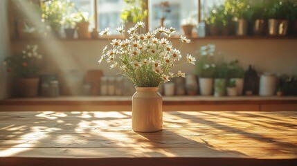 Fototapeta premium Sunlight streams through a window, highlighting an empty wooden kitchen countertop with white flowers in a vase, creating a warm, inviting, and cozy atmosphere.