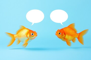 Cute Cartoon Goldfish Talking with Speech Bubble on Blue Background
