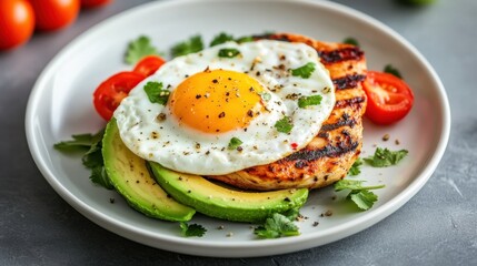 Delicious plate of grilled chicken topped with fried egg, cilantro, sliced avocado, and cherry tomatoes, presented on a stylish tableware setting.