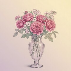 there is a drawing of a vase with pink roses in it