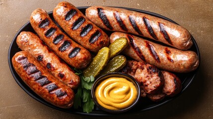 Savory grilled sausages arranged artfully, accompanied by pickle