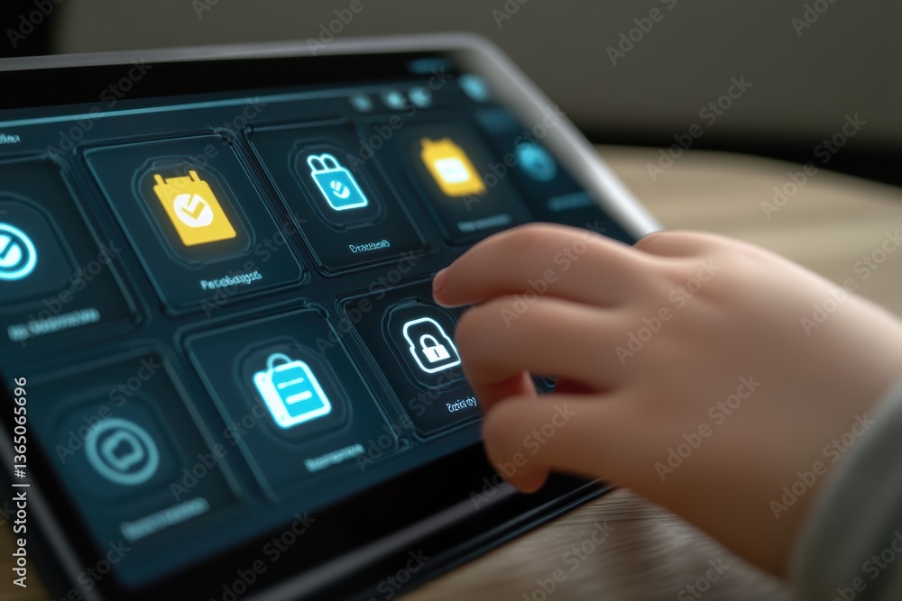 Poster person interacts with tablet displaying digital security features for enhanced protection