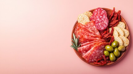 Colorful assortment of cured meats, olives, and crackers on wood