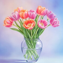 there is a painting of a vase with pink and orange flowers in it