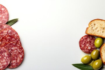 Savory slices of cured meat paired with fresh olives and bread c