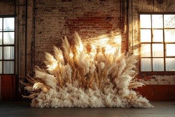 A large decorative display of fluffy dried plants indoors
