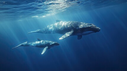 Fototapeta premium Sunlight streams through the deep blue ocean, illuminating a mother whale and calf swimming gracefully in the clear tranquil waters.