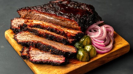 Tender smoked brisket with rich glaze, served with pickles and o