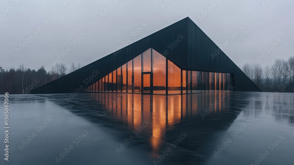 Poster modern triangular building reflecting in wet ground