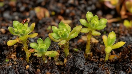 Seedlings and Ladybug in Soil, Highlighting the Small Yet Vital Components of an Ecosystem