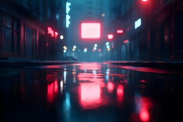 Moody Urban Nightscape: Rain-Soaked Streets Reflecting Neon Lights