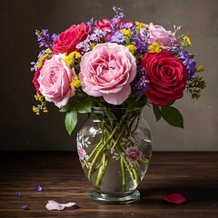 there is a vase with pink and purple roses in it