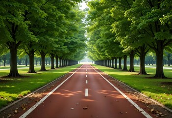 Fototapeta premium symmetrical red running track with tree-lined sides