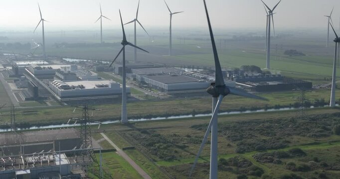 datacenter, wind turbines in the Eemshaven, Groningen, The Netherlands. Aerial view