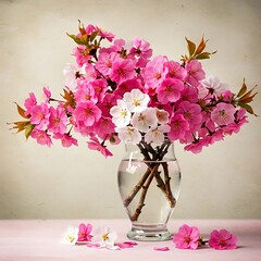 there is a vase with pink and white flowers in it