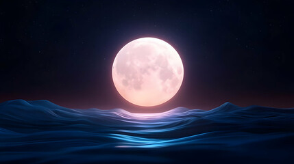 Fototapeta premium Pink Full Moon Over Dark Ocean at Night Pixel Art