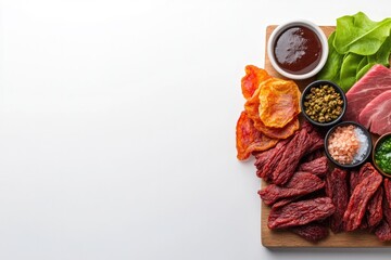 Fresh assortment of meats on wooden board, complemented by sauce