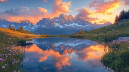 Fototapeta premium Sunset on tranquil alpine lake reflecting peaks in French Alps.