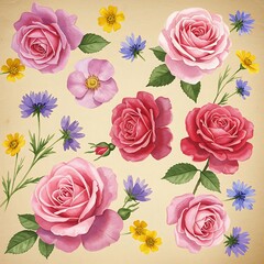 a close up of a bunch of flowers on a beige background