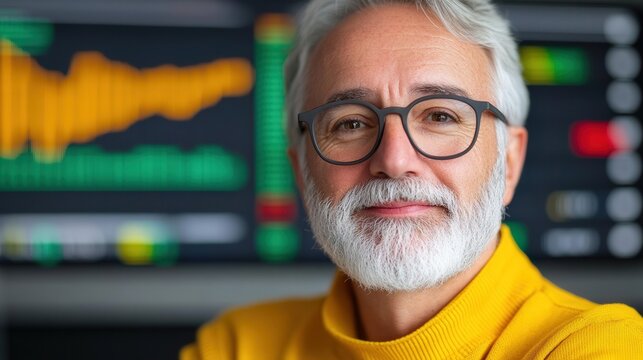 Close-up of senior man with gray hair and beard, wearing glasses, smiling in front of stock market data screens. Concept of financial expertise, investment, and market analysis