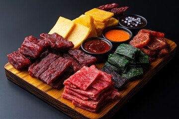 Colorful assortment of marinated meats and cheeses on wooden boa