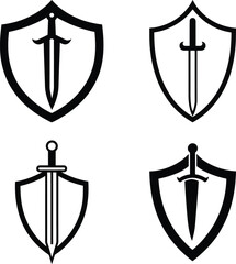 Set of four black and white shield and sword vector illustrations for medieval warfare and emblem designs