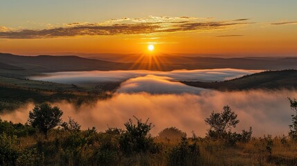 Obraz premium Sunrise over misty valley landscape