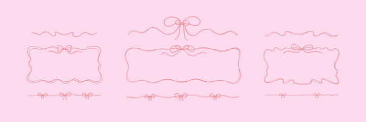 Bow ribbon pink divider and horizontal rectangle frame. Coquette girly sketch illustration in sketch stile. Hand drawn border. Christmas present, birthday gift tape pack. Elegant horizontal tinsel