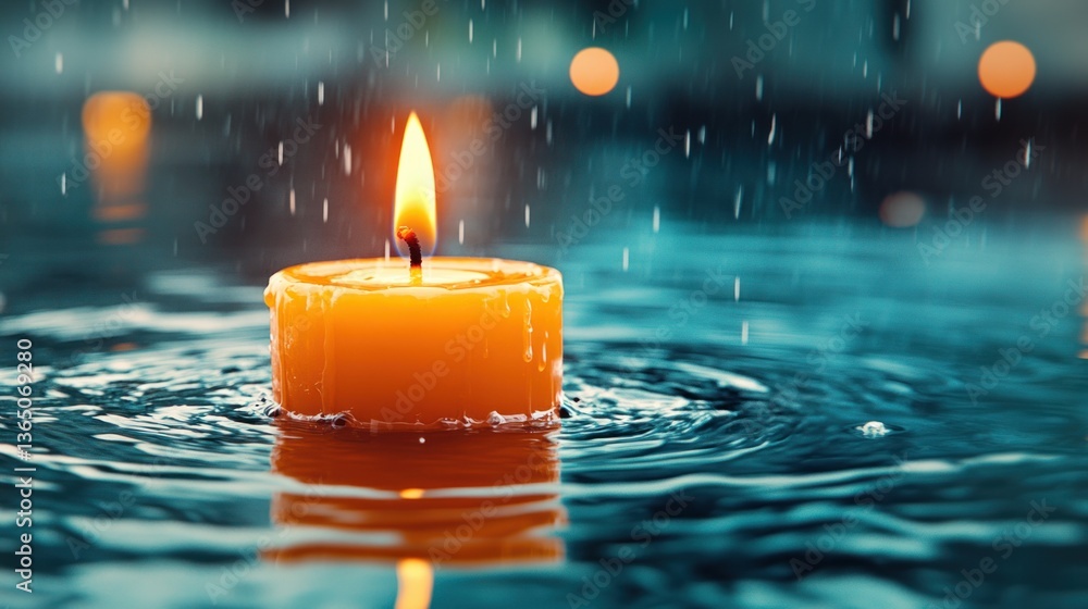 Poster vibrant yellow candle flickering on water surface under rain with soft reflections and bokeh effect