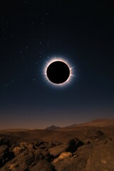 Eclipse casts shadow over rocky landscape, stars twinkling in da