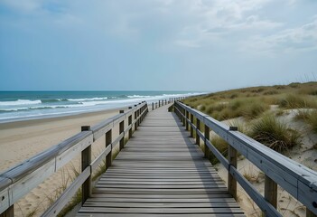 wooden boardwalk with railings leading to sandy beach and ocean waves