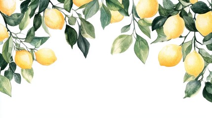 Watercolor Lemon tree branches seamless border,lemon set On a white background,Summer citrus fruit,Juicy colors,Hand drawn lemon set,Botanical illustration collection,Whole lemons,banner menu drink.