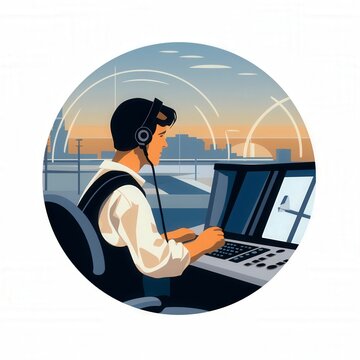 Air traffic controller at work in a control tower.
