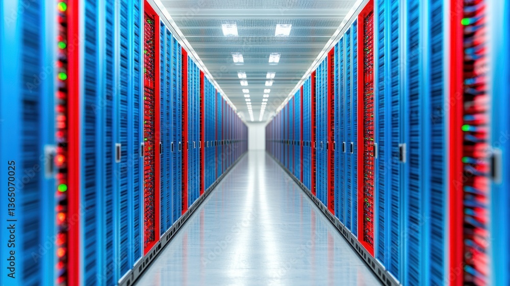 Leinwandbilder Modern Data Center Aisle with Blue and Red Server Racks for Technology and Networking Visuals