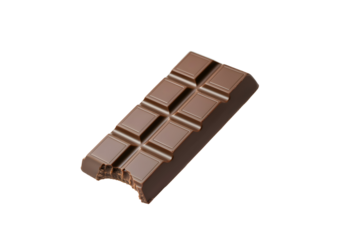 A floating chocolate bar with one square bitten off, isolated on a solid white background.
