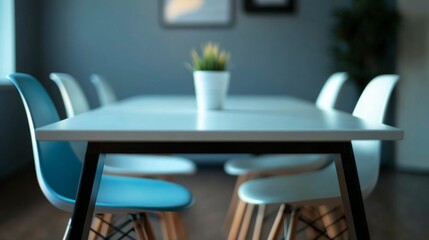 Fototapeta premium Minimalist meeting table with soft lighting, symbolizing focus and professionalism in a modern workspace.