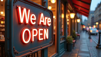 Red neon We Are Open sign glowing outside a cozy urban cafe