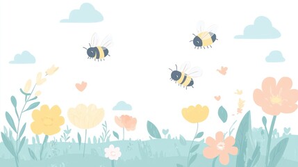 Pastel flowers and bees in a spring meadow background. Use Children's book illustration or print