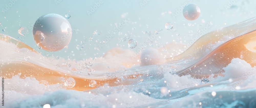 Poster dynamic waves and floating spheres create an ethereal atmosphere in a tranquil water setting at dawn