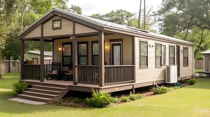 Compact Mobile Home with Front Porch and Modern Aesthetic