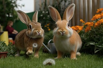 Charming rabbits playfully explore vibrant garden filled with fl