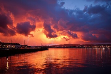 Fiery sunset over calm waters reflects vibrant hues off a city coastline horizon view