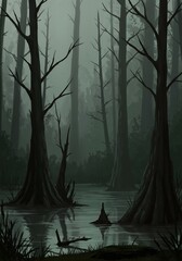 Mysterious swamp landscape evokes tranquil mood muted greens and greys dominate soft light filters through dense trees. AI Generated